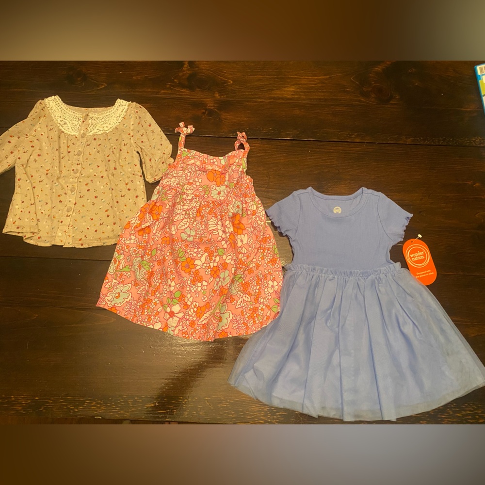 Bundle: Oshkosh Genuine Kids Toddler Top, Floral Sun Dress, & NWT Blue Dress 18M